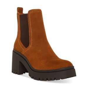 AQUA COLLEGE Womens Brown 1" Platform Raine Toe Block Heel Suede Chelsea 6 M